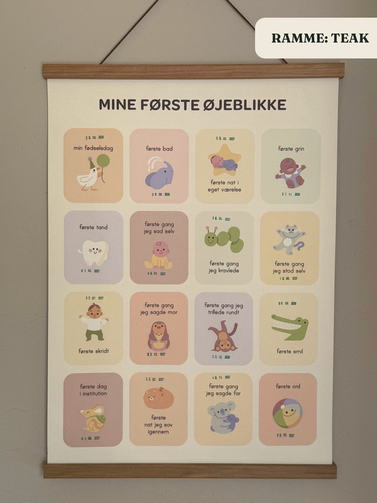 Milepælsplakaten i magnetisk træramme i teak